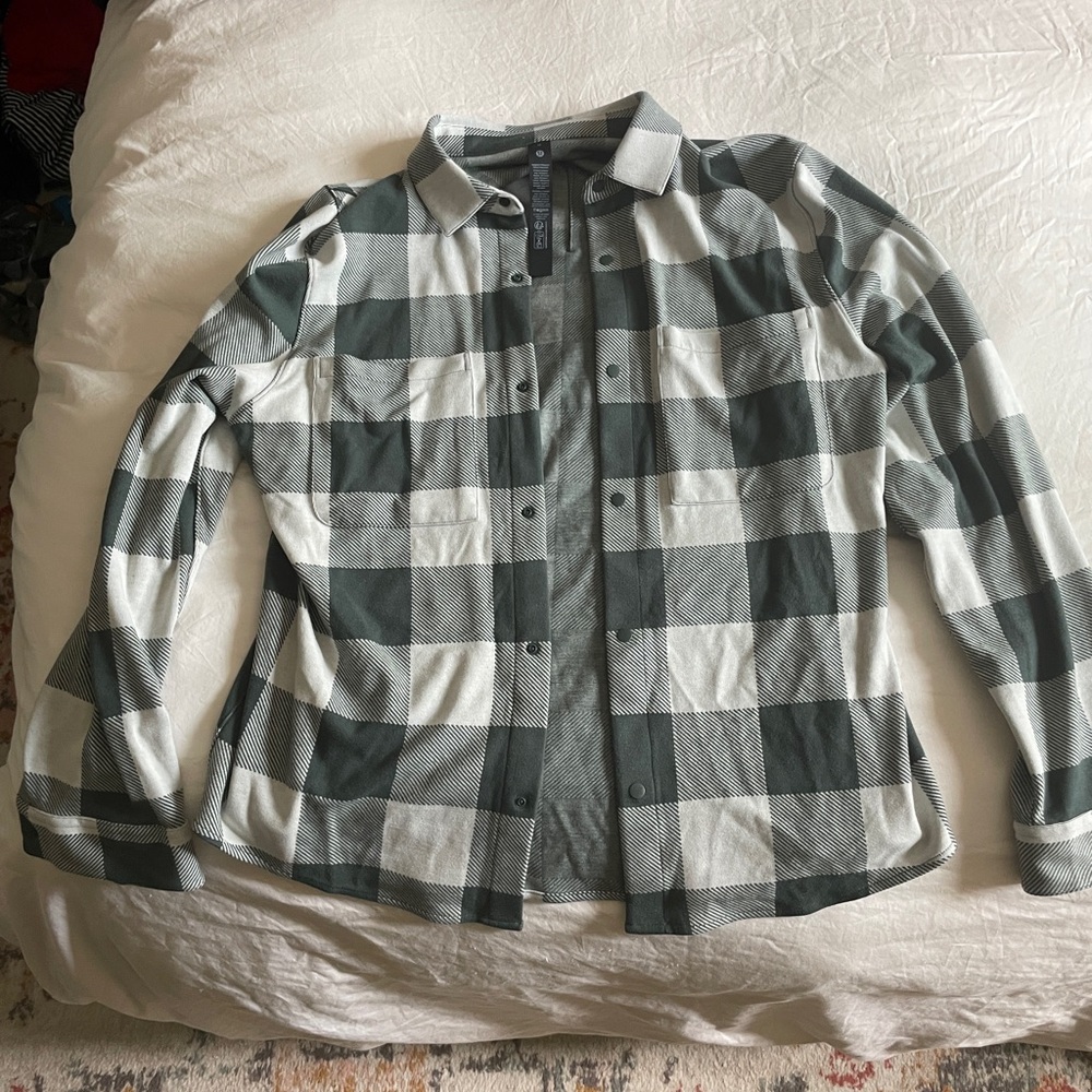 Lululemon Men's Green and White Checkered Overshirt, medium. Like new!